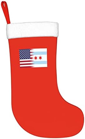 TZT American Flag and Chicago Flag Withn Christmas meias, presentes de festa de férias de Natal para decorações de férias em família de 18 polegadas
