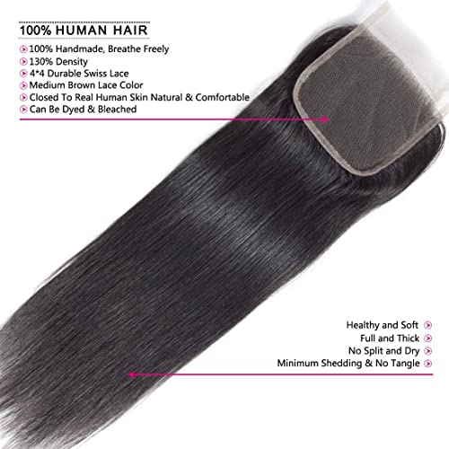 Facos de cabelo lisos com feixes de cabelo humano brasileiros com encerramento 10A Pacéis de cabelo virgens não processados ​​com fechamento 4x4 Lace Free Part