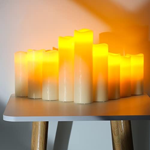DA por velas sem chamas de velas de bateria conjunto de 9 velas de pilar de cera real de marfim com timer remoto por