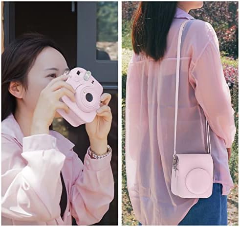 Caso de proteção Muziri Kinokoo para Fuji Instax Mini 12 Câmera Instantânea - Pu Couro Mini 12 Câmera de Caixa com bolso fotográfico - Alça de ombro ajustável - Rosa