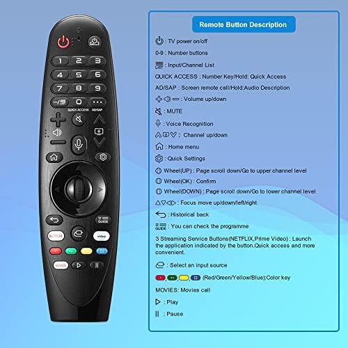 ZYK Remote Control para LG Smart TV Substituição para LG-TV-Remote pela função de voz, MR20GA LG Magic Remote, para LG LED OLED LCD 4K UHD TV 2020 2019 2018 Modelos Netflix e Prime Video, Google/Alexa