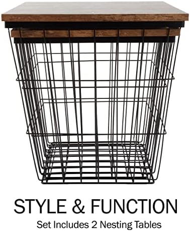Armazenamento generoso da extremidade doméstica - Base de cesta de arames de nidificação e tops de madeira - Conjunto de mesa lateral