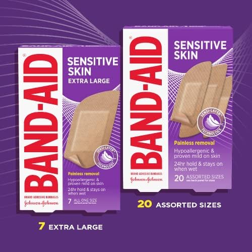 Band-aid-AID Bandrages para pele sensível, bandagens de primeiros socorros estéreis hipoalergênicos adequados para a pele propensa a eczema, 20 CT de tamanhos variados + 7 ct de tamanho extra grande