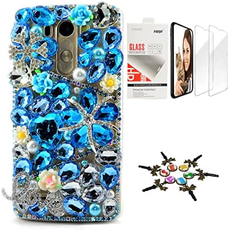 Stenes Bling Case Compatível com LG Aristo 2 - Stylish - 3D Made [Sparkle Series] Snow Flowers Heart Love Design Cover com protetor de tela [2 pacote] - azul