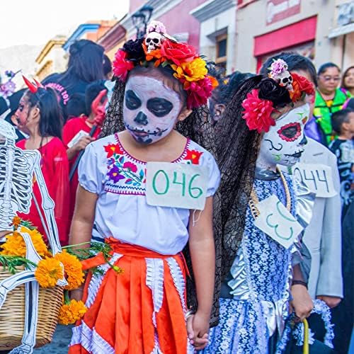6 peças dia do traje morto incluem coroa de flores mexicana Tatalha de máscara de face de máscara de face de tatuagem de tatuagem