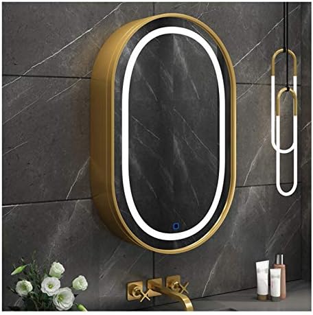 Razzum Mirror Oval LED Cabinete de espelho iluminado, armário de remédios para banheiro montado na parede, botão de toque, dobradiça