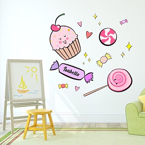 Cupcake sorridente de desenho animado, pirulito e candys no nome da bebê adesivos de parede personalizados ou decoração de laptop