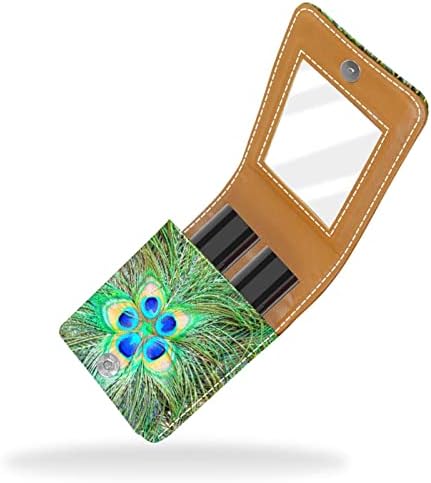 Mini estojo de batom com espelho para bolsa, penas de pavão organização portátil de caixa portátil
