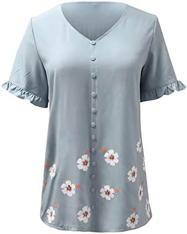 Moda feminina Botão de decote em V Tshirts Ruffles de manga curta Tops casuais Blusa lisada de túnica camiseta de túnica