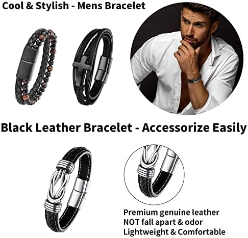 Lowowour Black Leather Bracelets For Men Mulheres 5pcs Leatra mensal e pulseiras trançadas de aço pulseiras