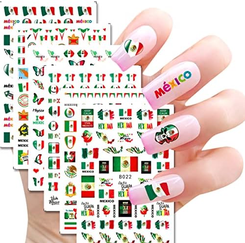 6 folhas de bandeira mexicana adesivos de arte adesivos decalques 3d Independence Day Unh Nail Art Designer Mexico Flag crachá Centro de coração Butterfly adesivos de unhas para mulheres manicure Memorial Day Decoração de Decoração de suprimentos de decoração