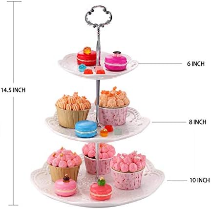 Bonoces Stand de cupcake de porcelana de 3 camadas - bandeja de servir - Bolo de sobremesa com gravação branca Stand - pastelaria