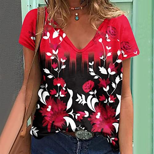 Camiseta de verão de verão Mulheres roupas de manga curta Y2K V Camisa gráfica de flores de algodão de algodão para meninas H1 H1
