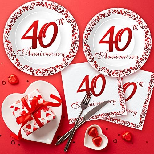 Apowbls 40º aniversário Placas e Copas de Copas de Festas - 40º Aniversário de Casamento Decorações de Decoração, Placa de jantar, pratos de sobremesa, xícaras, guardanapos, Ruby Decorações de aniversário de 40 anos | Servir 24