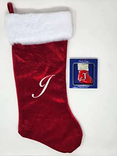 Monograma 20 Própria de meia de Natal vermelha com manguito branco e ornamento de natal com banhado prateado CARTA DE PERSONACIONADO