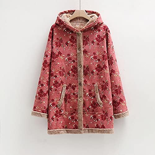Jaqueta com capuz floral vintage para mulheres lã de lã quente de inverno