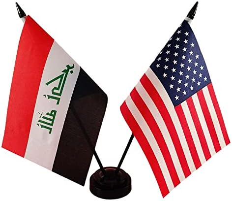 Bandeira Americana e Iraque Twin Desk, bandeiras de mesa do Iraque dos EUA, 8 x 5 polegadas American & Iraqi Deluxe Sand Stand Set - Miniatura USA e Iraque Stick Flag With Stand Stand