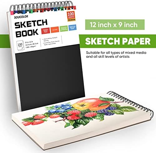 Soucolor 9 x 12 Livro de esboço, 4-Pack 100 Sheets Spiral Bound Art SketchBook, Artista livre de ácido Livro de desenho de papel