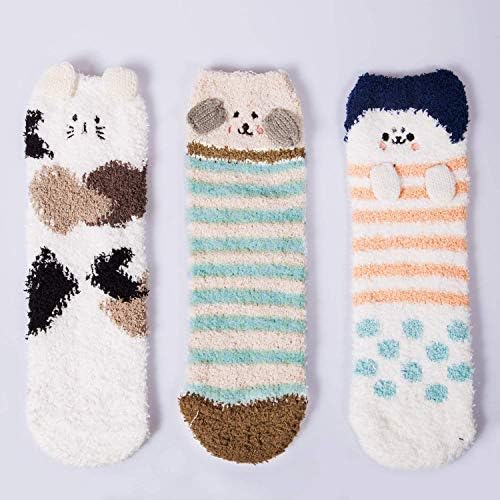 Loritta 3 pares meias femininas Fuzzy Socks Winter Warm fofo macio e macio, dormindo meias de animal fofo