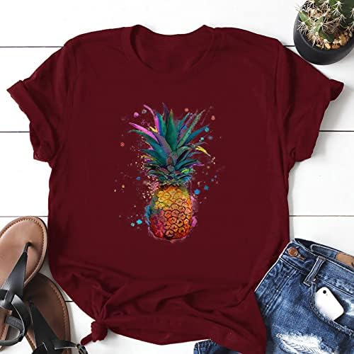 Camisa esticada feminino de abacaxi casual Impressão de mangas curtas Crega do pescoço de camiseta solta blusa de blusa Tech camisa de tecnologia