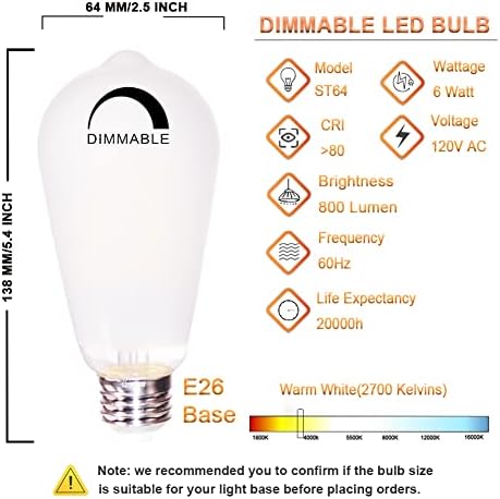 BOYAMTOO VINTAGE ST64 LED BULLS 6W Equivalente 60W, 2700k Warm Branco branco 800lm Blângulo LED de brilho com base E26 e tampa de vidro fosco, pacote de 3