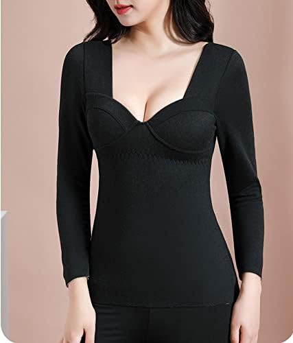 Paodikuai feminina Deep V pescoço térmico Roupa térmica Top de manga comprida Camada de base W Bra Pads