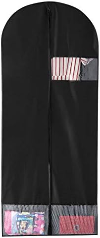 Saco de vestuário preto de 42 polegadas respirável para vestido de terno com grande janela transparente e bolsos de malha