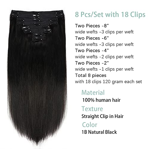 Clipe de Lysilf em extensões de cabelo para mulheres negras retas 8pcs Remy Hair Extensions Clip em cabelos humanos com 18 clipes Extensões de cabelo humano brasileiras