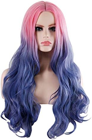 Akabsh senhoras azuis gradiente rosa gradiente peruca de cabelos de cabecear Ponto médio peruca resistente à peruca de substituição para mulheres negras