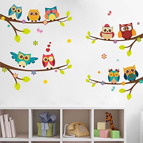Amaonm Removável desenho animado 9 corujas familiares nos ramificações de árvores adesivos de decalques de parede Peel