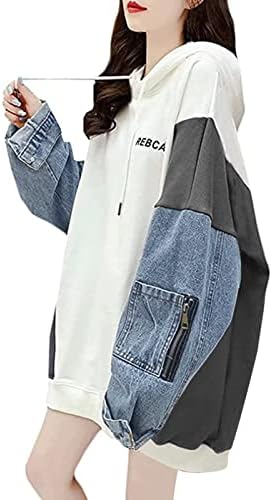 Casaco feminino Pullover solto Tops de jeans Splicing Splicing Sweatshirt Bloups e tops casuais de retalhos casuais