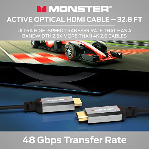 Monster Essentials Fibra de óptica direcional HDMI 2.1-48 Gbps Cabo óptico ativo com conector de extrusão de alumínio-suporta 8k @ 60Hz, 4K @ 120Hz, certificado premium, V-Grip, 32,8 pés
