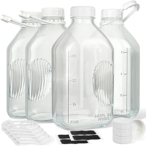Pacote de 4 garrafas de leite de vidro QT com tampa de parafuso reutilizável com antecedência - garrafas de suco de vidro de 64