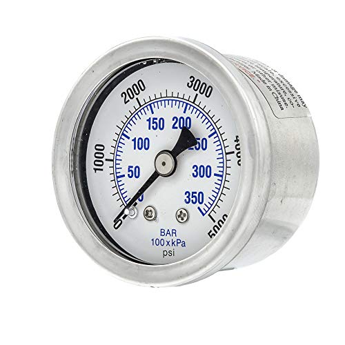 Medidor de pressão de montagem traseira central preenchida com líquido com dial de 1,5 , 0-5000 psi, conexão NPT masculina de