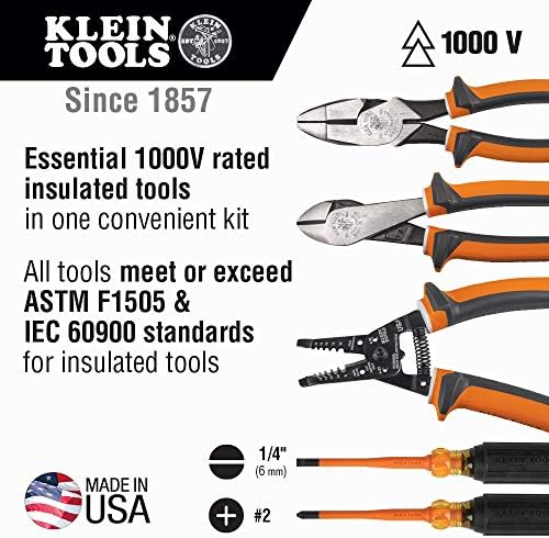 Klein Tools 94130 1000V Ferramenta de chave de fenda isolada Conjunto de ferramentas com #2 Phillips e pontas finas de gabinete de 1/4 de polegada, 2 alicate e stripper de arame