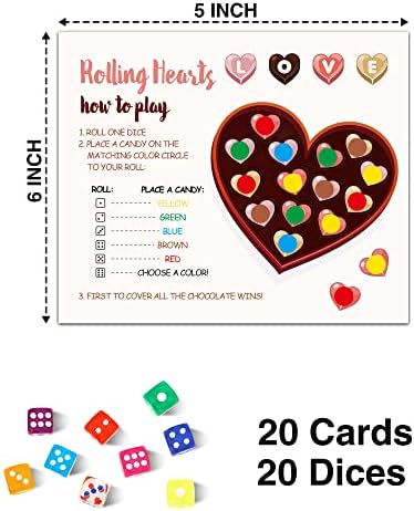 Isovf Roll the Dice Game, jogo de mesa para crianças do Dia dos Namorados, Rolling Hearts, 20 Cards Play Cards 20 Dices coloridos