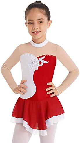 Kvysinly Kids Girls Figura Roller Vestido de patinação de gelo de manga longa colezinha coleia de bailarina bailarina bailarina
