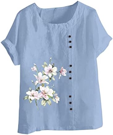 Camiseta feminina manga curta de linho de linho de algodão de algodão gráfico floral casual de grande porte para mulheres 9c