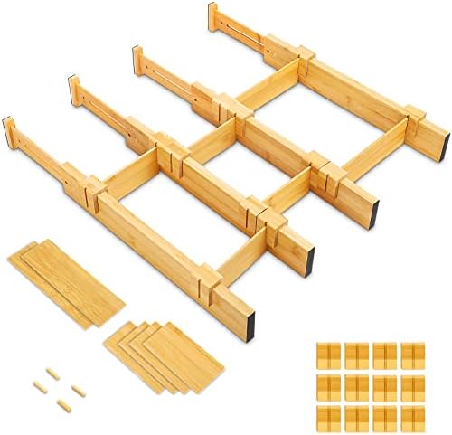 Utensílios de cozinha organizadores de gavetas ajustáveis ​​Salmoph, divisores de gavetas de bambu com inserções e controles deslizantes,