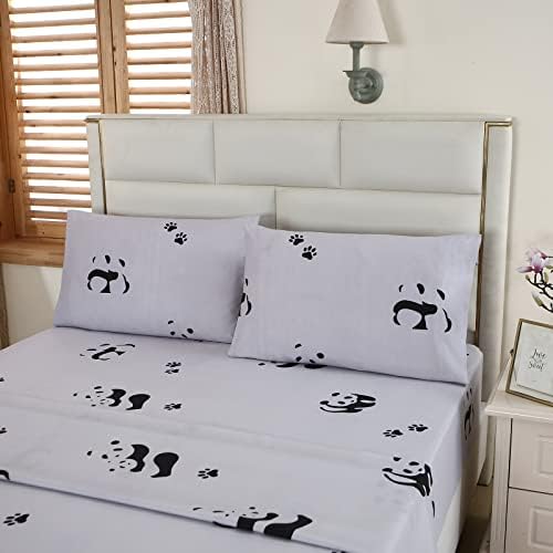 Lençóis de cama queen size 4pcs 4pcs, lençóis fofos de folhas de impressão de panda, incluiu 1 lençol de bolso profundo e 1 lençol