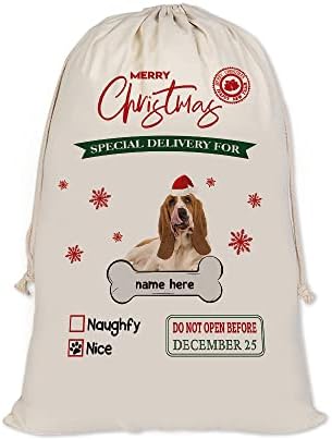Bageyou Dog Personalizado Papai Noel Sacks Basset fofo Hound Santa Bag para presente de Natal de Natal com linho de algodão 19.5 x31.5