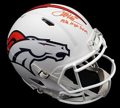 Terrell Davis assinou o capacete NFL de Denver Broncos Speed ​​Authentic White NFL com inscrição “Mile High Salute” -