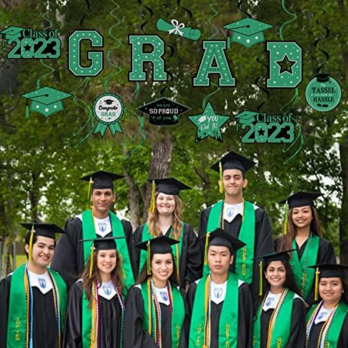 30 peças graduação pendurada decorações de redemoinhos 2023 verde e preto, parabéns favores de graduação para a turma da faculdade