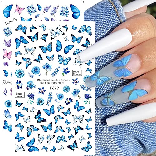 Adesivos de arte de borboleta adesivos decalques azuis Butterflies Flores 3d adesivo de unhas de verão