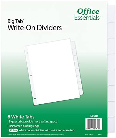 Office Essentials Big Tab Write-On Divishers, 8-1/2 x 11, 8 guias, guia branca, corpo branco, 12 pacote