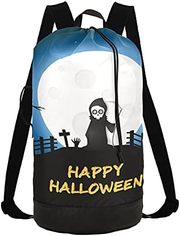 Feliz Halloween Moon Full Zombie Laundry Bag com alças de ombro de lavanderia Backpack Bolsa de tração de tração de tração de tração