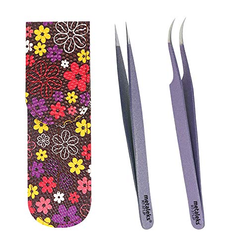 Metaleks Tweezers para extensão de cílios - pinças pontiagudas retas e curvas - Conjunto de pinças de precisão de aço inoxidável