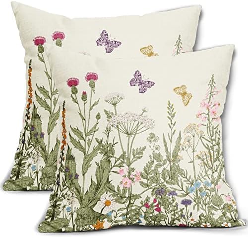 Capas de travesseiro floral da primavera 18x18 Conjunto de 2 flores de flores silvestres flores verdes de borboleta impressão decorativa tampa de travesseiro de linho Cobertão de almofada de casca