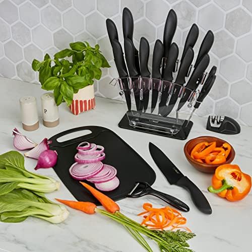 Faca de cozinha EatNeat Conjunto com tábua de corte - DeLuxe 18 peças Home Essentials All Black Knife Block Set, apontador de facas, tesoura de cozinha, abridor de garrafa, bloco de faca, descascador de batata, tábua de cortar