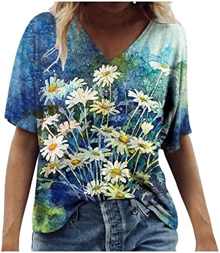 Tops for Womens verão estampado floral camisetas de manga curta casual v pesco